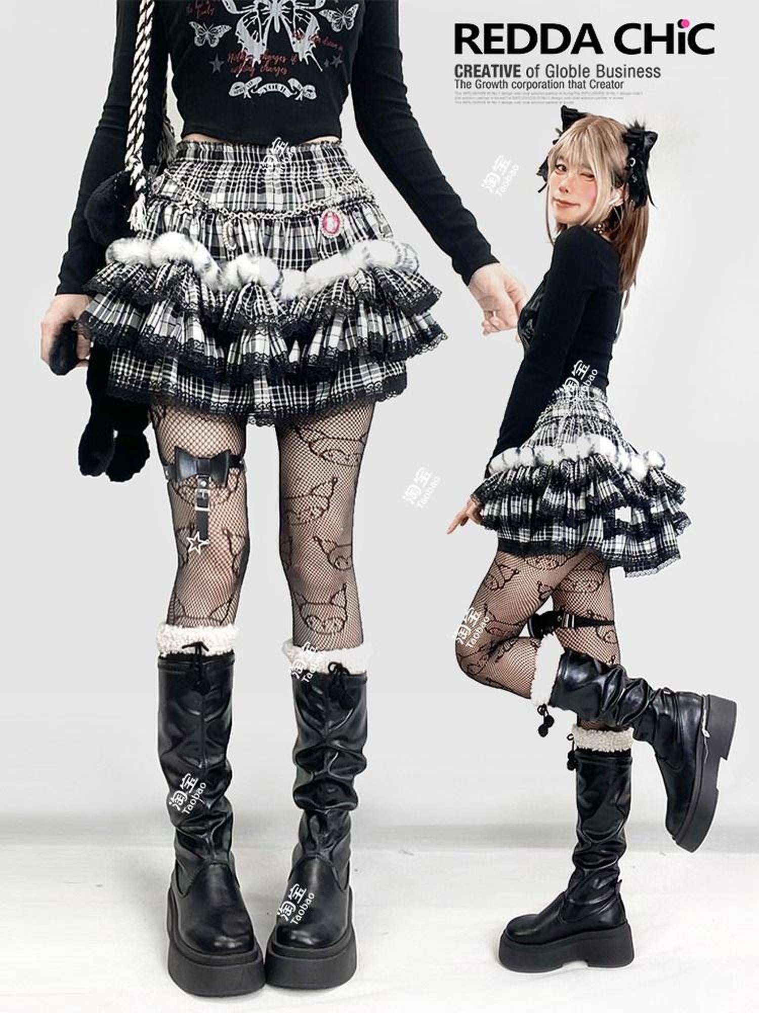 ReddaChic Rococo Black Plaid Lace Trim High Waist Tiered Short One Size Camisoles