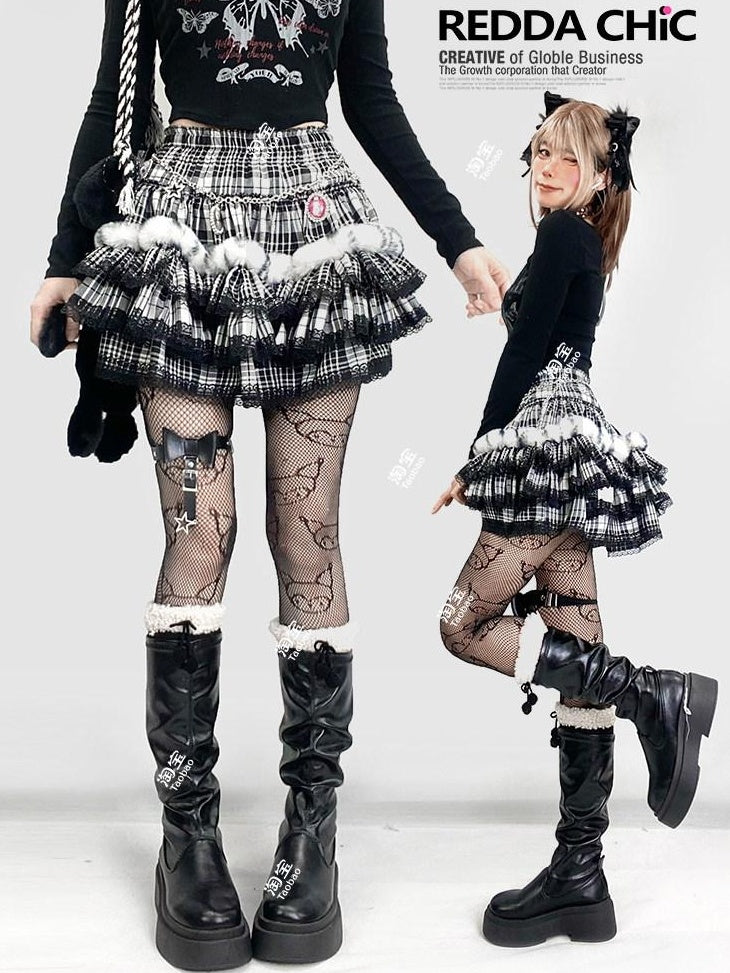 ReddaChic Rococo Black Plaid Lace Trim High Waist Tiered Short One Size Camisoles