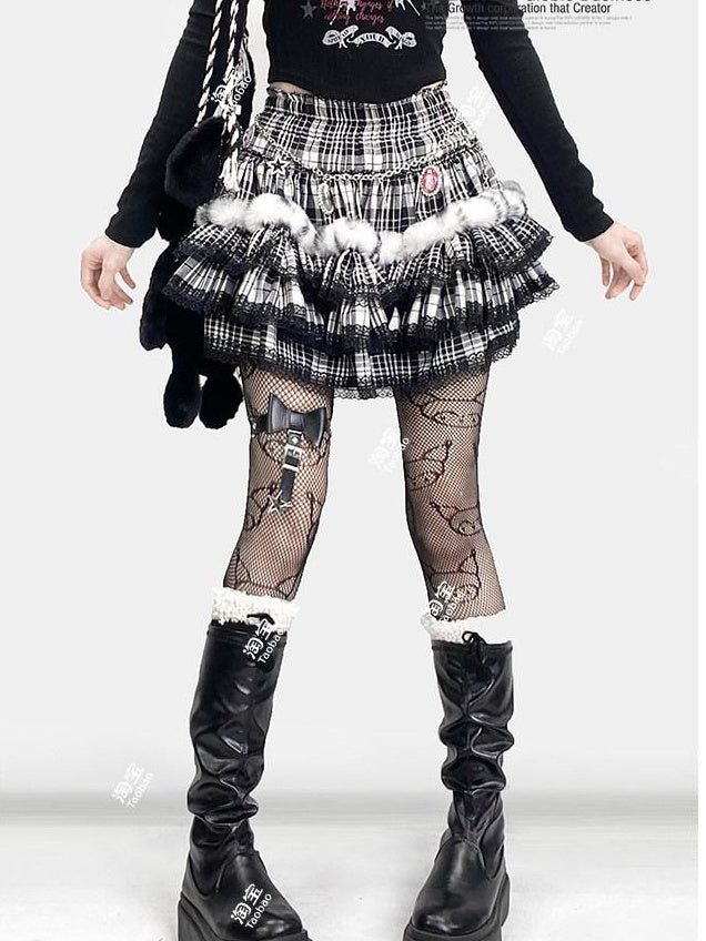 ReddaChic Rococo Black Plaid Lace Trim High Waist Tiered Short One Size Camisoles