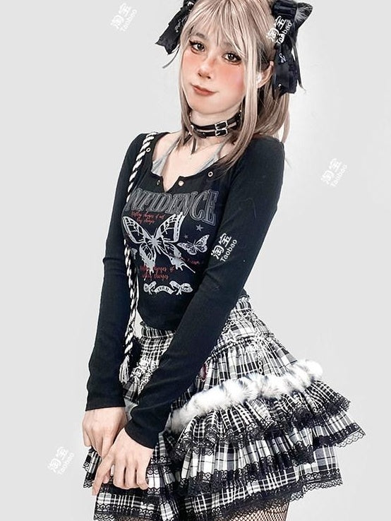 ReddaChic Rococo Black Plaid Lace Trim High Waist Tiered Short One Size Camisoles