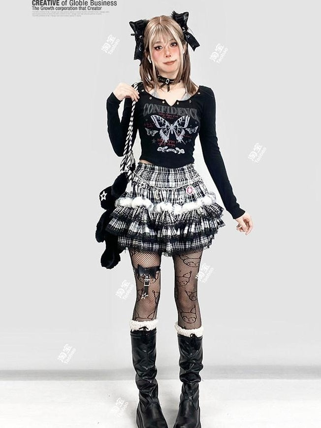 ReddaChic Rococo Black Plaid Lace Trim High Waist Tiered Short One Size Camisoles