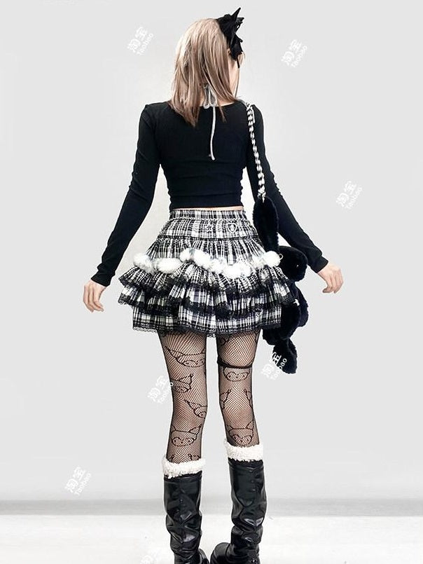 ReddaChic Rococo Black Plaid Lace Trim High Waist Tiered Short One Size Camisoles