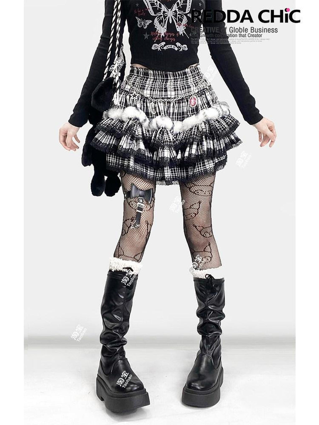 ReddaChic Rococo Black Plaid Lace Trim High Waist Tiered Short One Size Camisoles