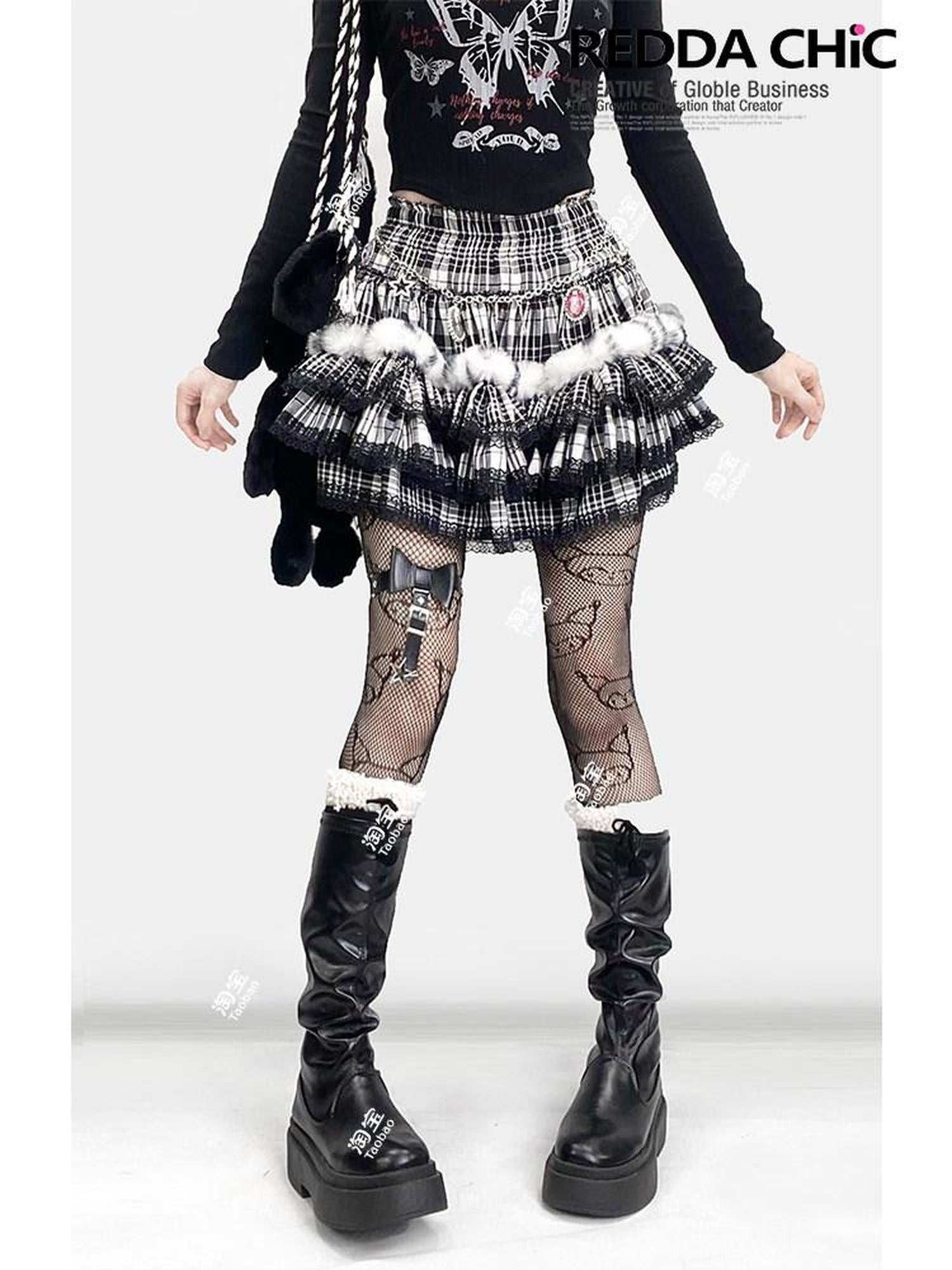 ReddaChic Rococo Black Plaid Lace Trim High Waist Tiered Short One Size Camisoles