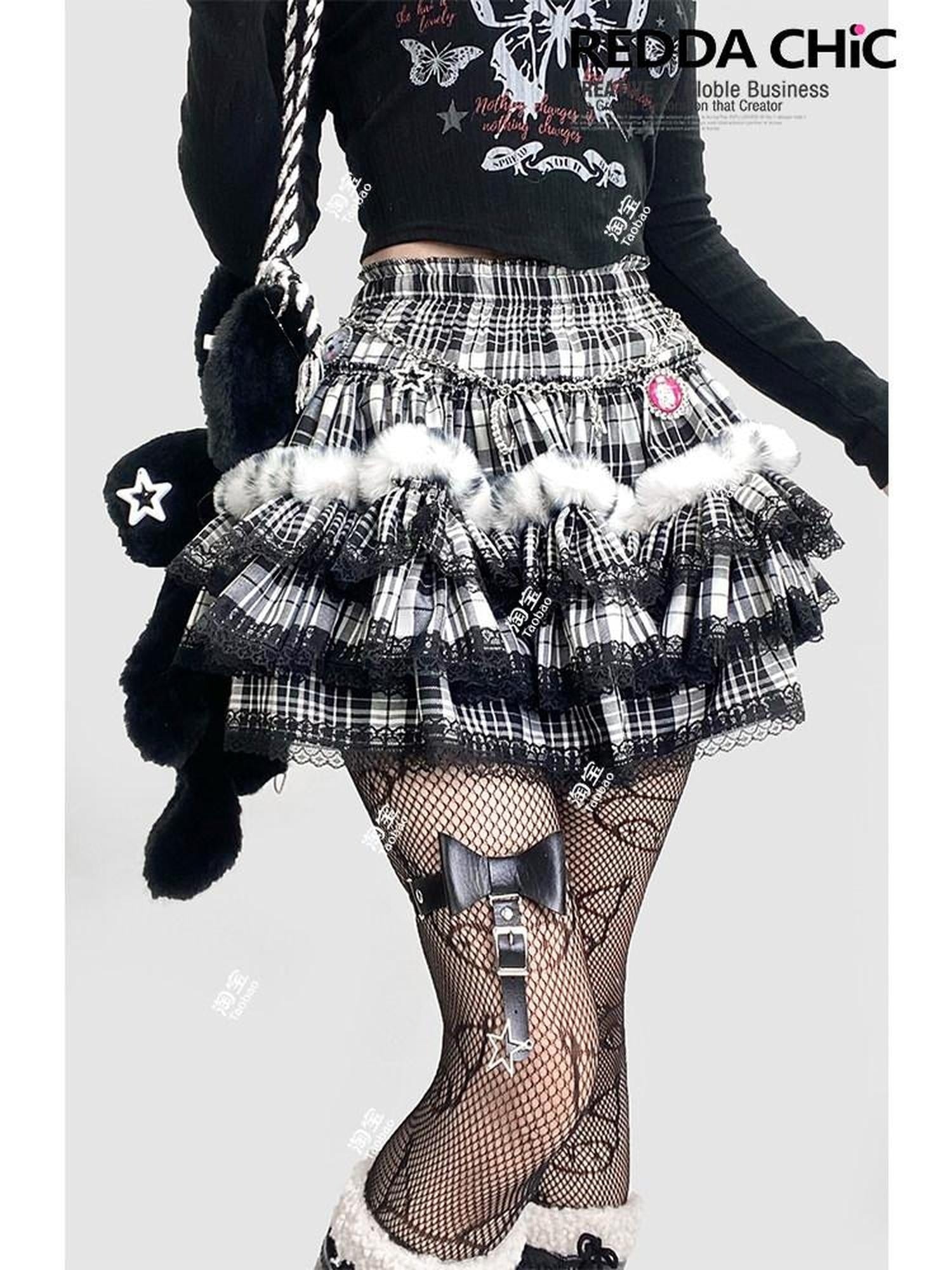ReddaChic Rococo Black Plaid Lace Trim High Waist Tiered Short One Size Camisoles