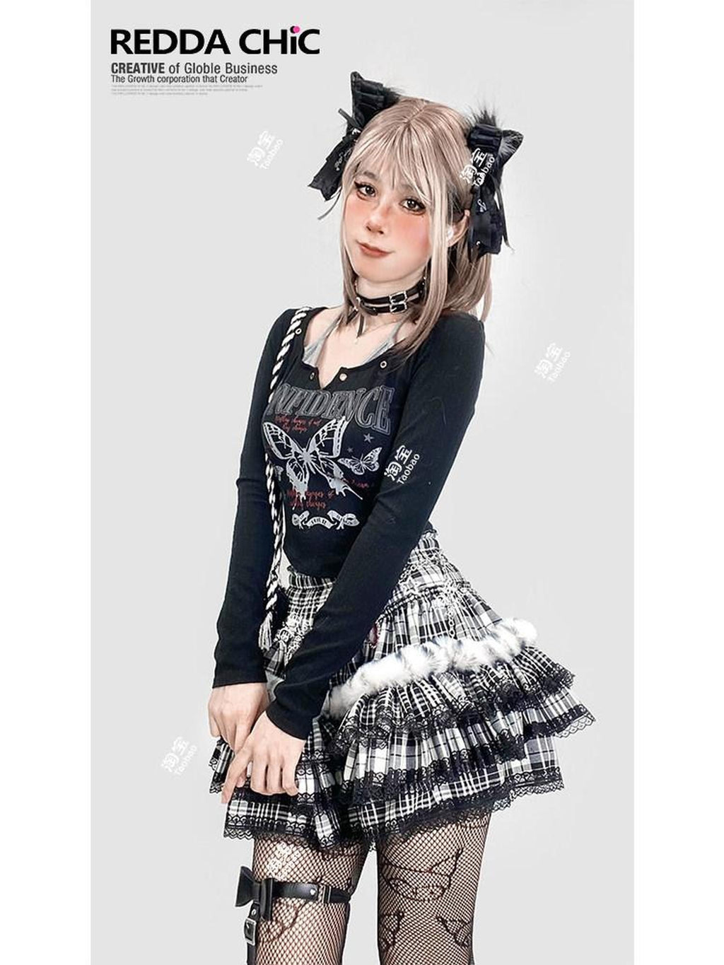 ReddaChic Rococo Black Plaid Lace Trim High Waist Tiered Short One Size Camisoles