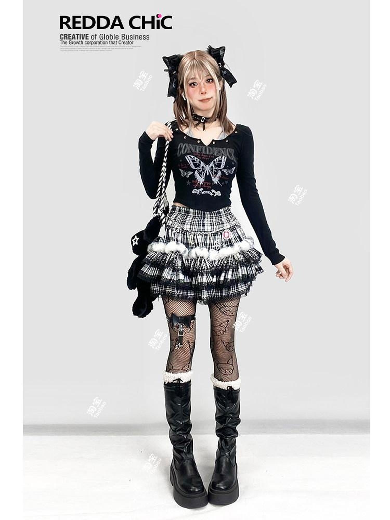 ReddaChic Rococo Black Plaid Lace Trim High Waist Tiered Short One Size Camisoles