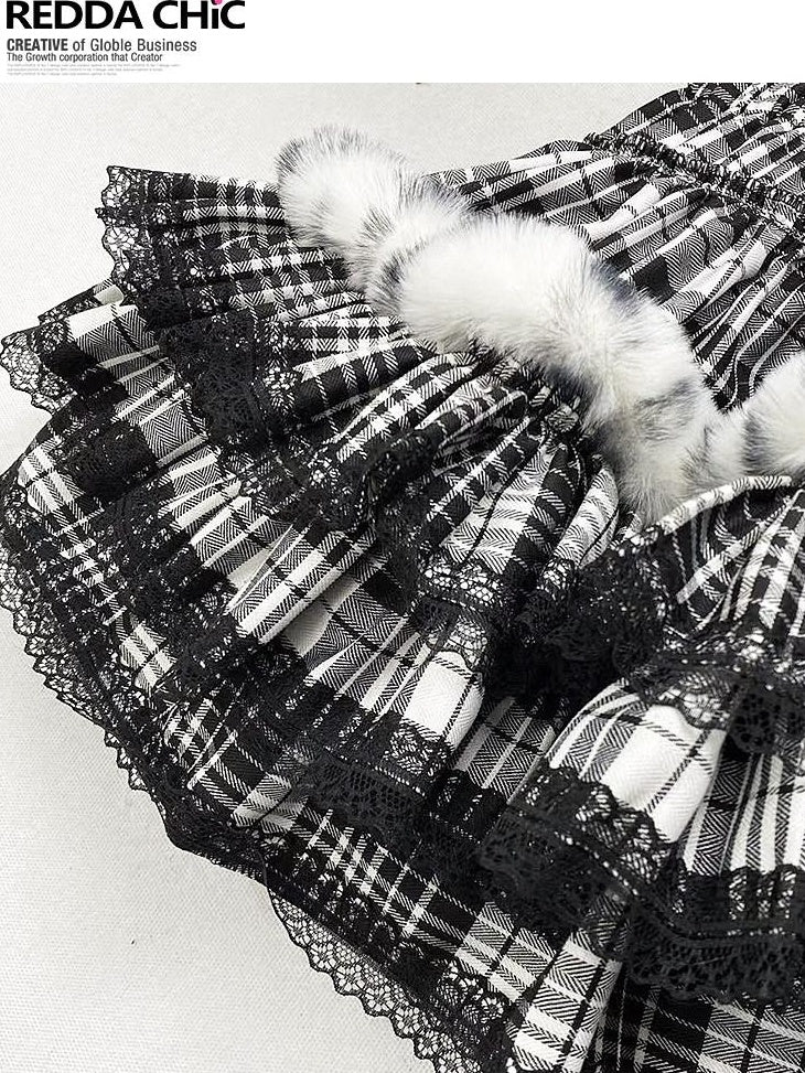 ReddaChic Rococo Black Plaid Lace Trim High Waist Tiered Short One Size Camisoles