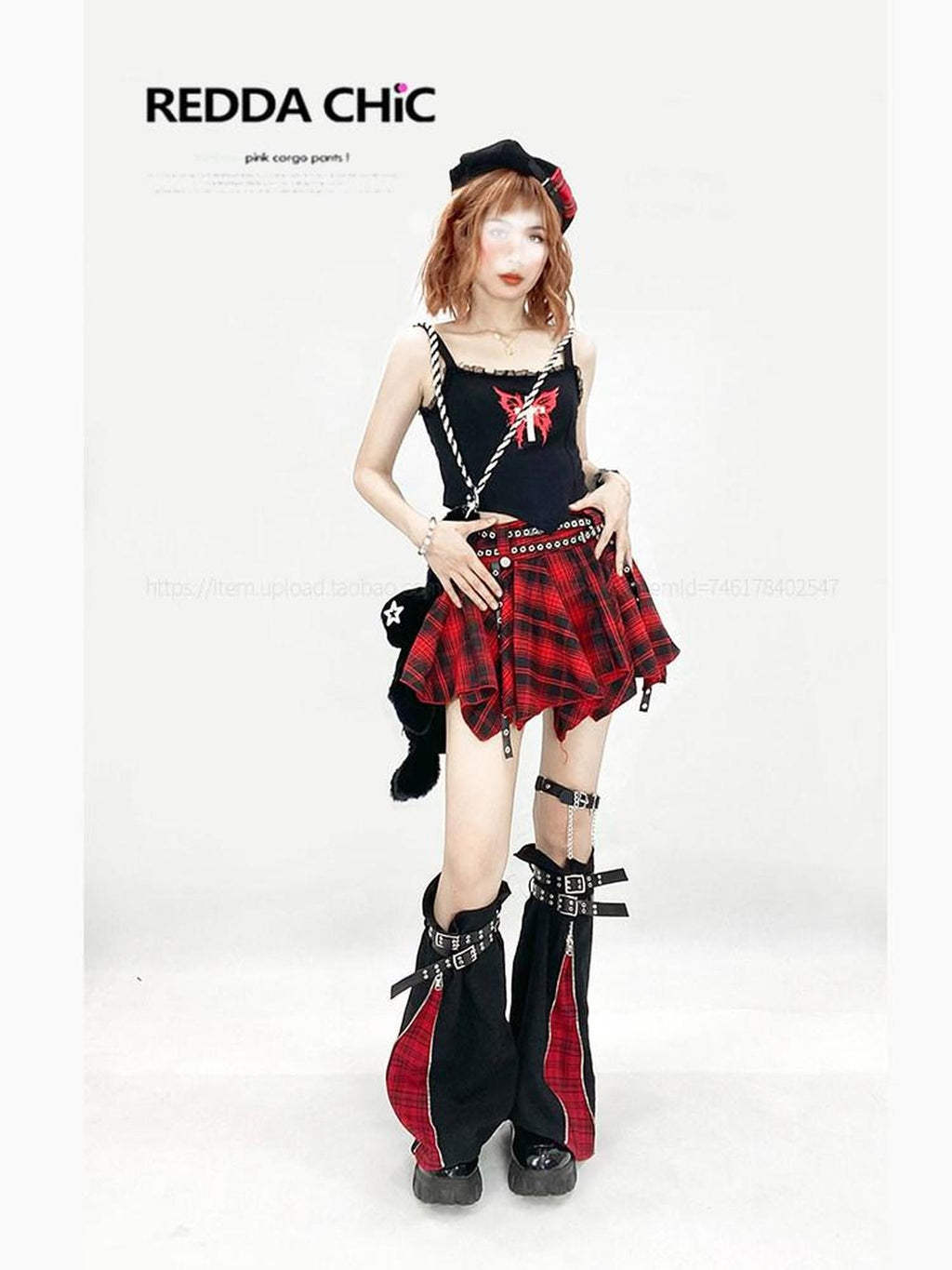 ReddaChic Rococo Irregular Hem Plaid A Line High Waist Red Pu Trim Young Women Sweaters