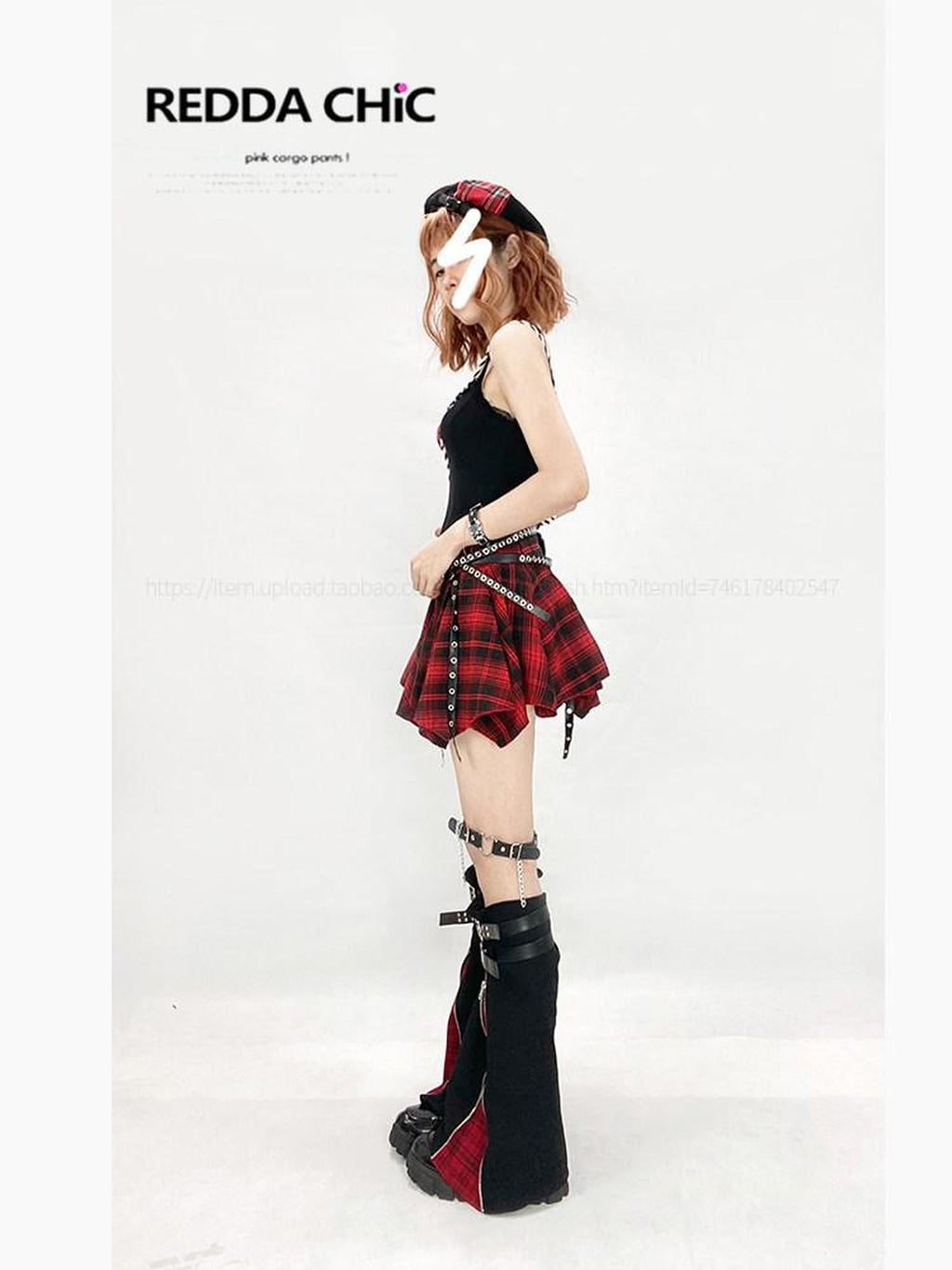 ReddaChic Rococo Irregular Hem Plaid A Line High Waist Red Pu Trim Young Women Sweaters