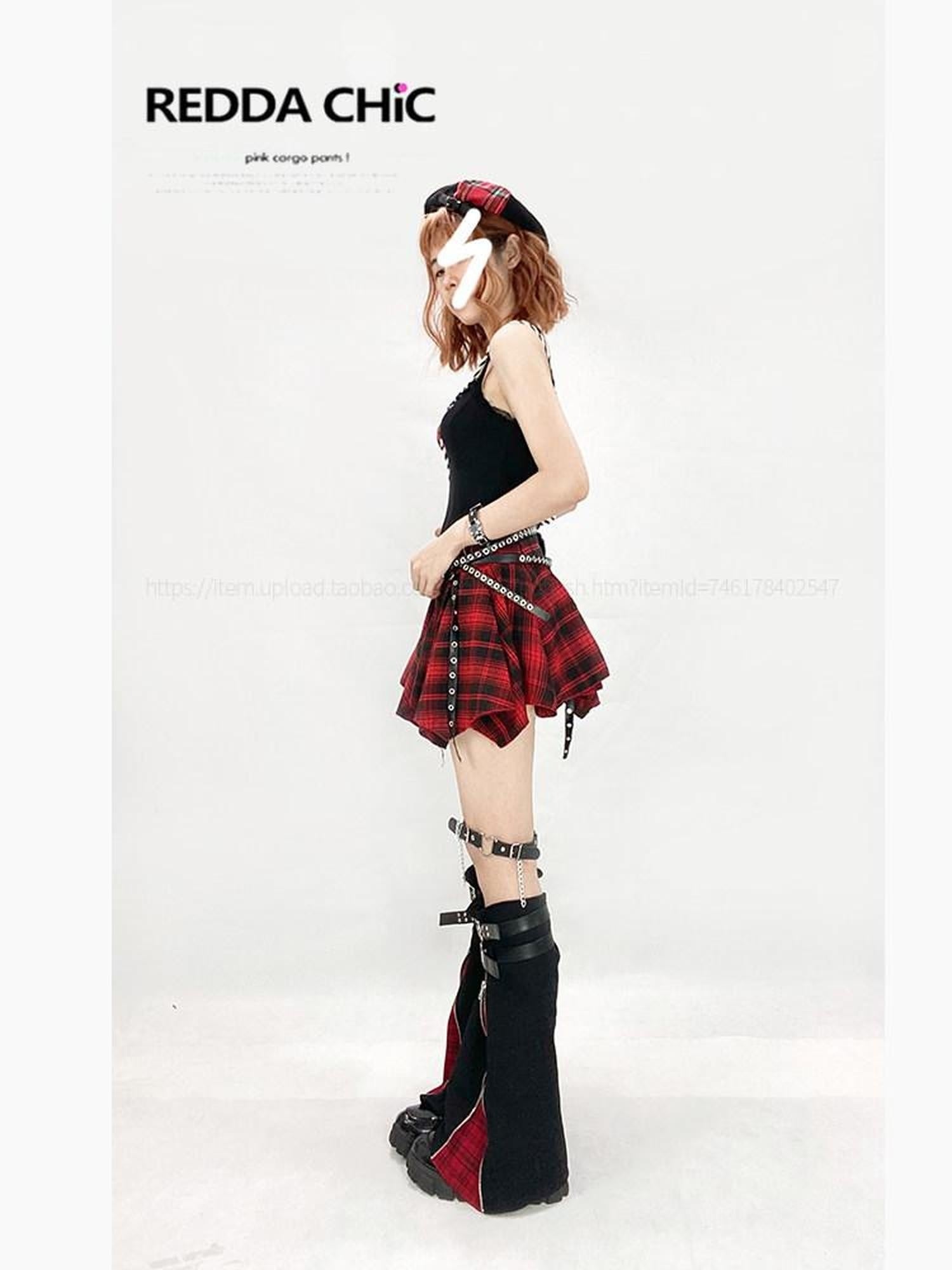 ReddaChic Rococo Irregular Hem Plaid A Line High Waist Red Pu Trim Young Women Sweaters