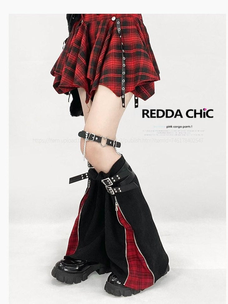 ReddaChic Rococo Irregular Hem Plaid A Line High Waist Red Pu Trim Young Women Sweaters