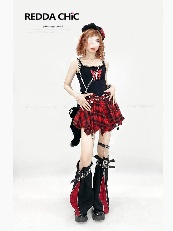 ReddaChic Rococo Irregular Hem Plaid A Line High Waist Red Pu Trim Young Women Sweaters