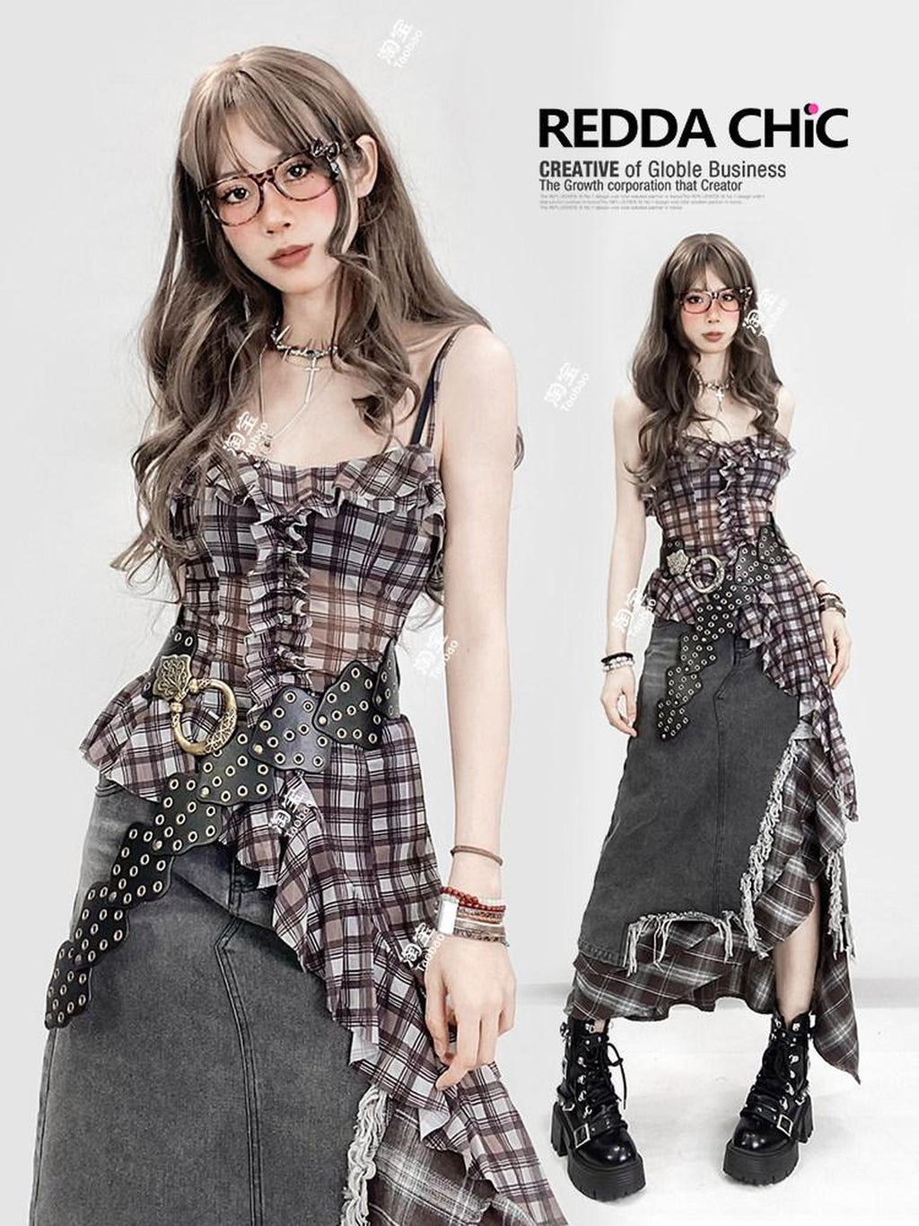 ReddaChic Ruffle Plaid Crop Street Cami Pullover Youth Brown Casual Short Sleeve T-Shirts