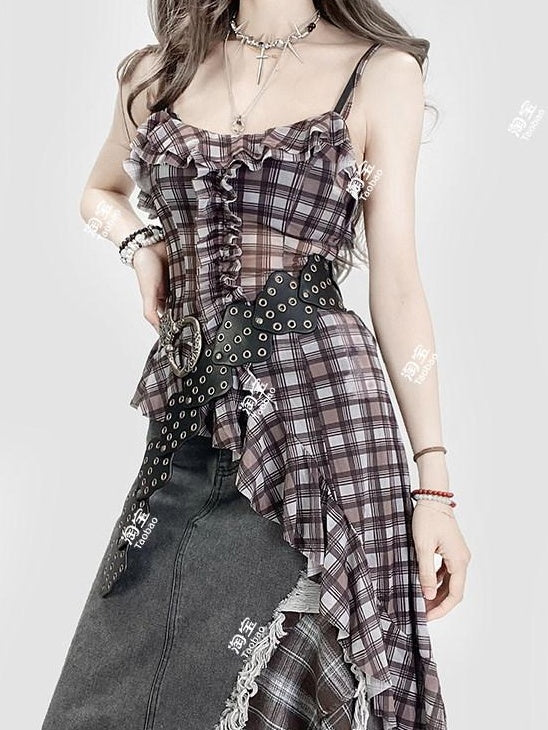 ReddaChic Ruffle Plaid Crop Street Cami Pullover Youth Brown Casual Short Sleeve T-Shirts