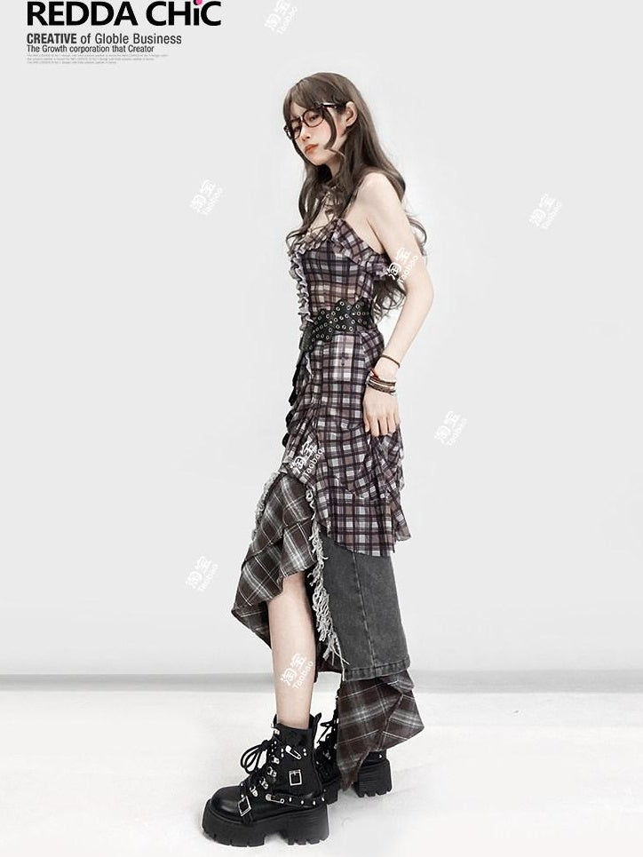 ReddaChic Ruffle Plaid Crop Street Cami Pullover Youth Brown Casual Short Sleeve T-Shirts