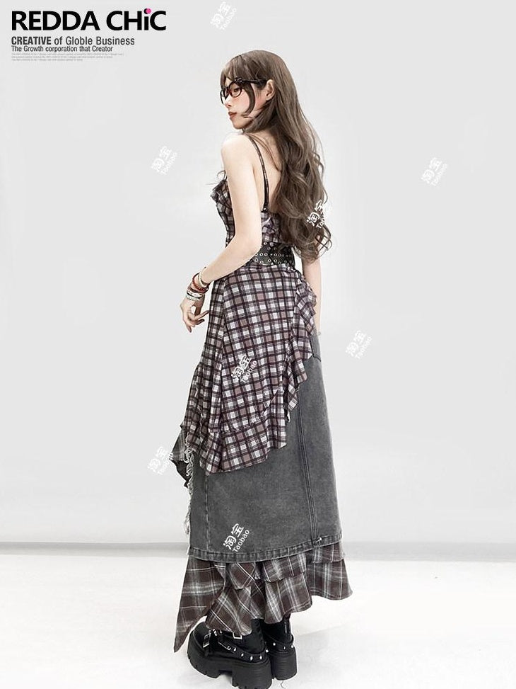 ReddaChic Ruffle Plaid Crop Street Cami Pullover Youth Brown Casual Short Sleeve T-Shirts