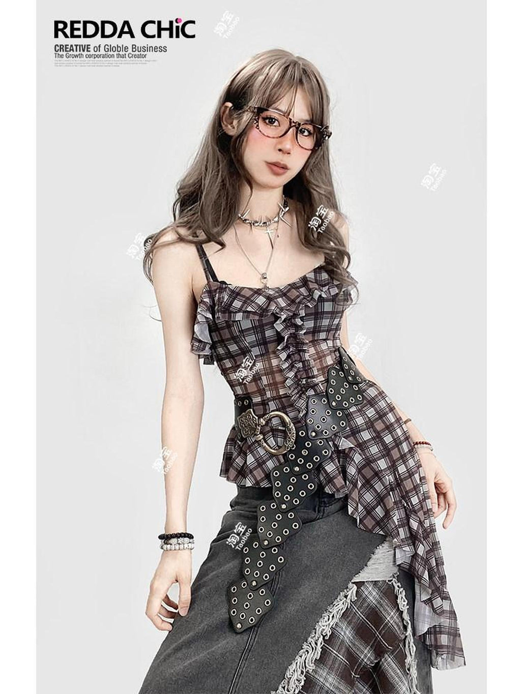 ReddaChic Ruffle Plaid Crop Street Cami Pullover Youth Brown Casual Short Sleeve T-Shirts
