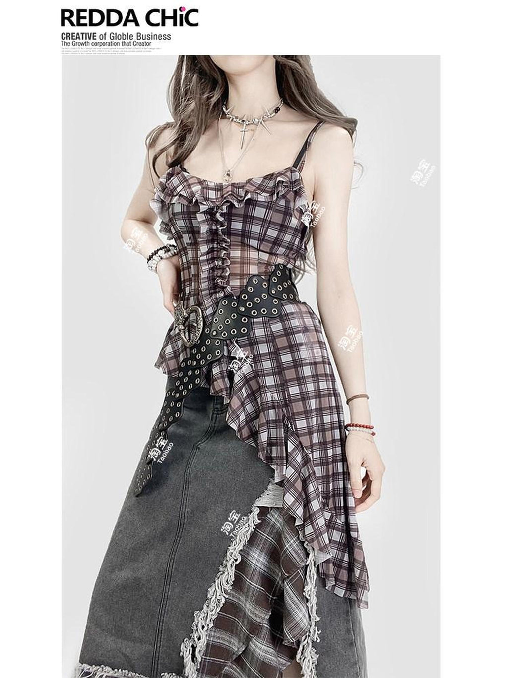 ReddaChic Ruffle Plaid Crop Street Cami Pullover Youth Brown Casual Short Sleeve T-Shirts