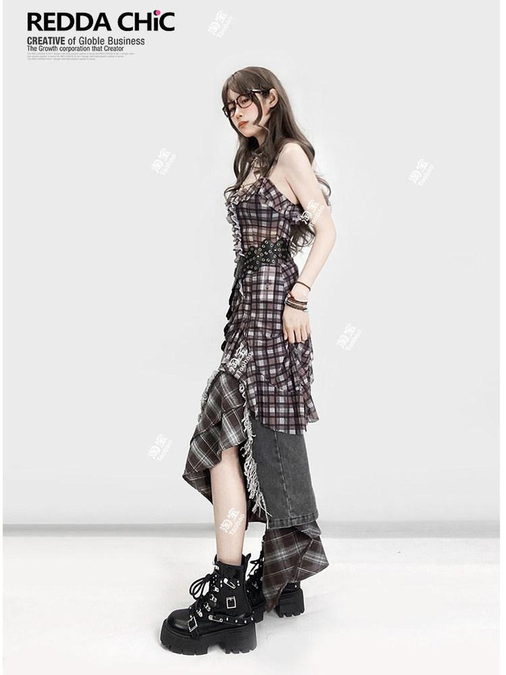 ReddaChic Ruffle Plaid Crop Street Cami Pullover Youth Brown Casual Short Sleeve T-Shirts