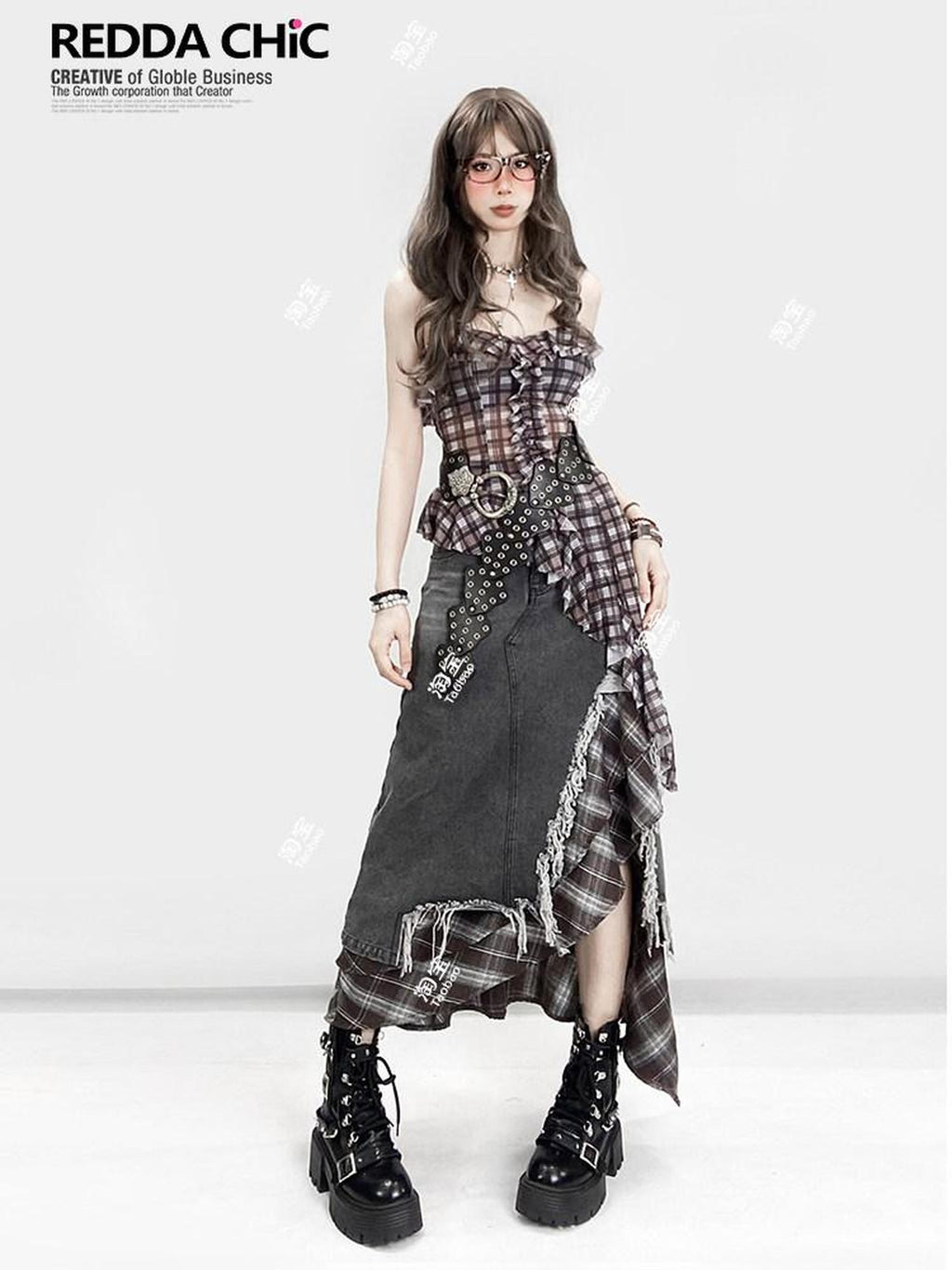 ReddaChic Ruffle Plaid Crop Street Cami Pullover Youth Brown Casual Short Sleeve T-Shirts