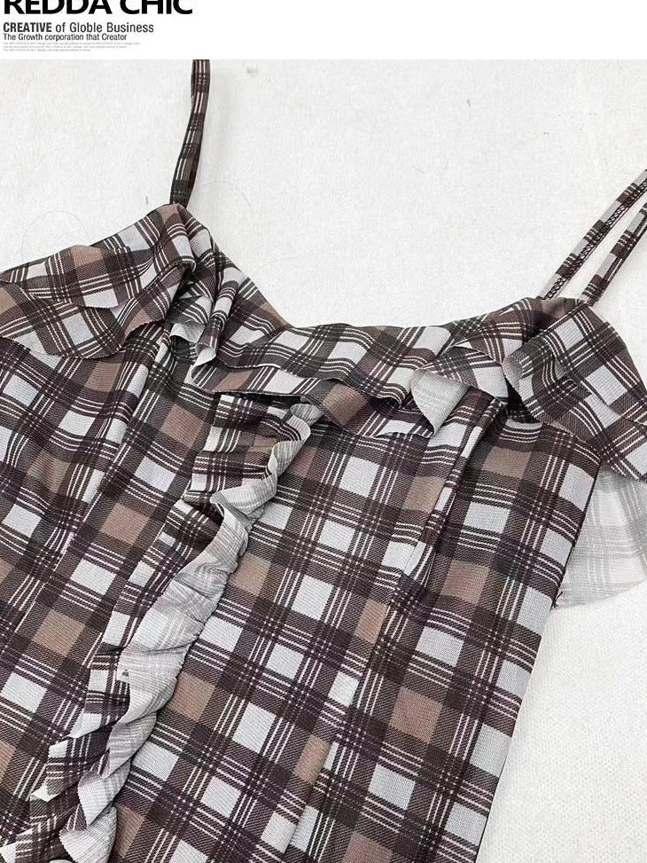 ReddaChic Ruffle Plaid Crop Street Cami Pullover Youth Brown Casual Short Sleeve T-Shirts
