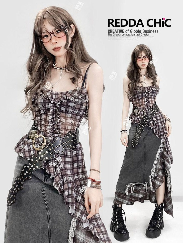 ReddaChic Ruffle Plaid Crop Street Cami Pullover Youth Brown Casual Short Sleeve T-Shirts