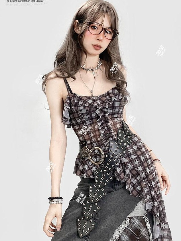 ReddaChic Ruffle Plaid Crop Street Cami Pullover Youth Brown Casual Short Sleeve T-Shirts