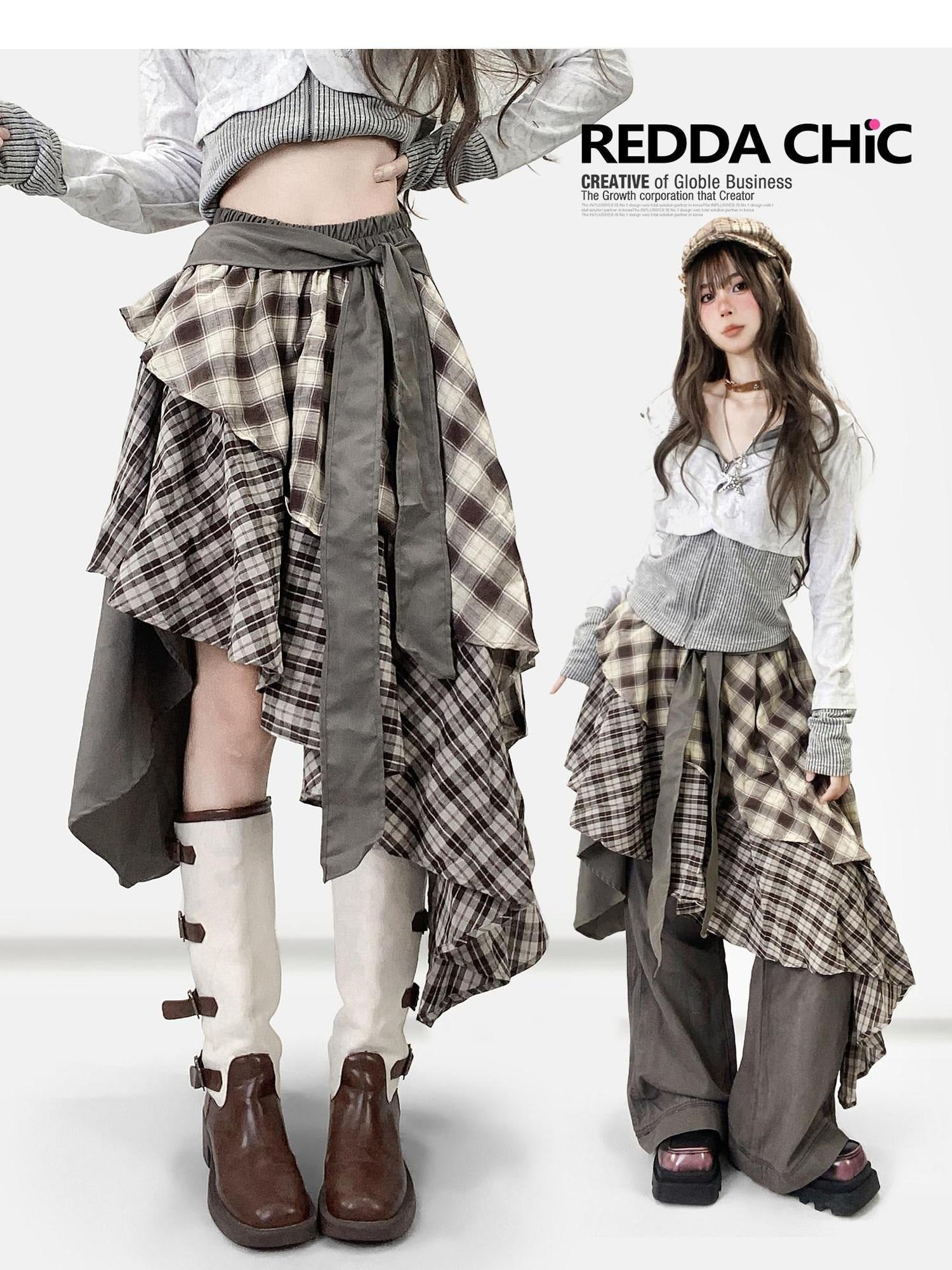 ReddaChic Ruffle Tiered Patchwork Barn Style Mid Rise Brown Denim Shorts