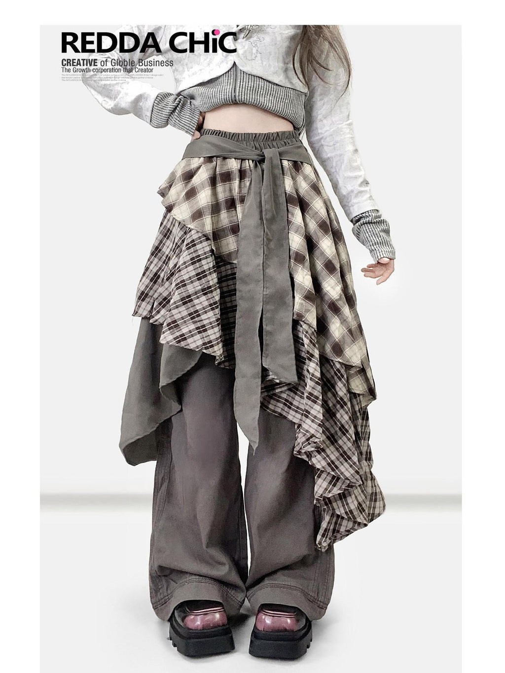 ReddaChic Ruffle Tiered Patchwork Barn Style Mid Rise Brown Denim Shorts