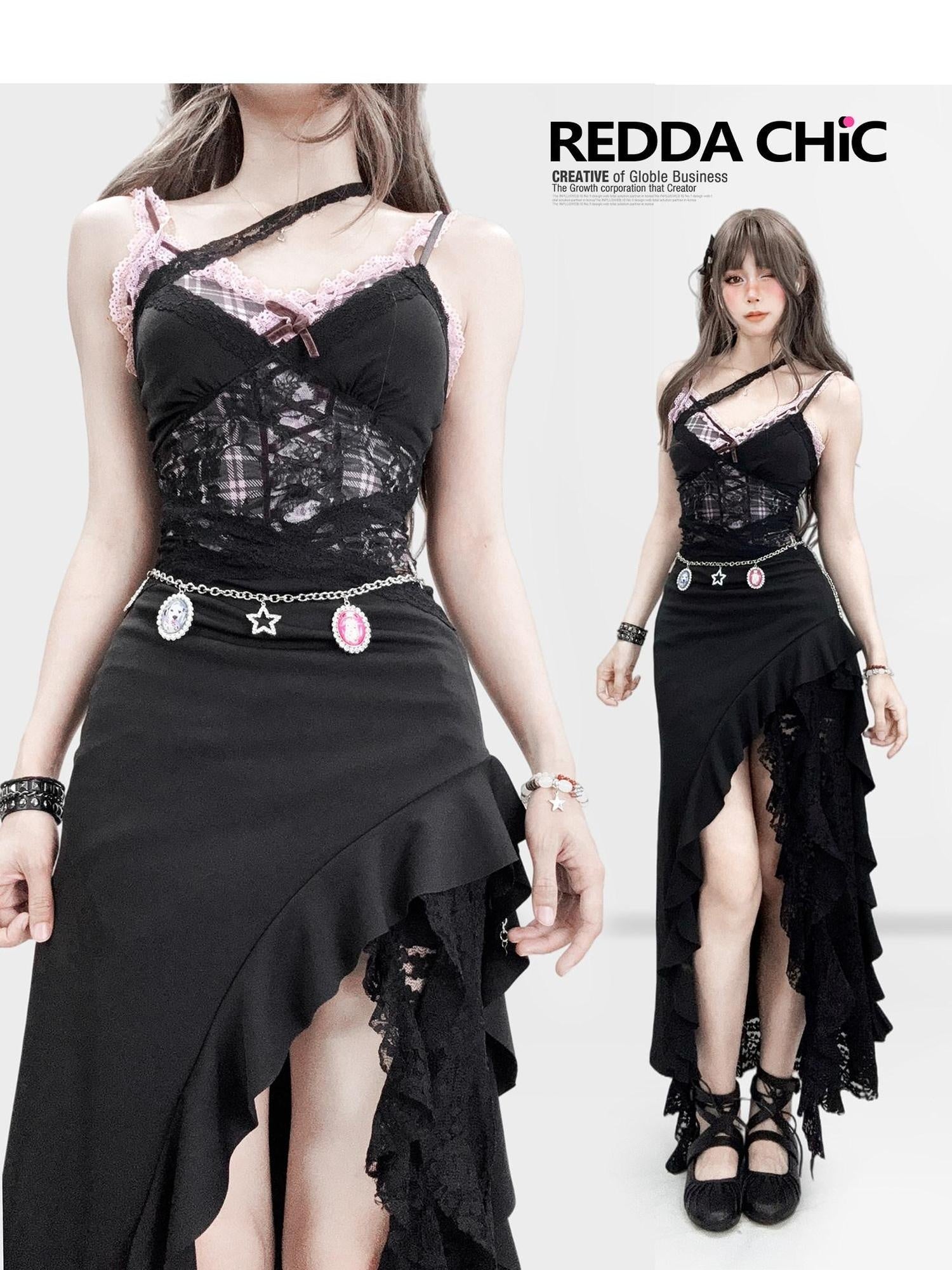 ReddaChic Sexy High Waist Lace Paneling Asymmetric Hem Slim Fit Party Wear Mini Skirts