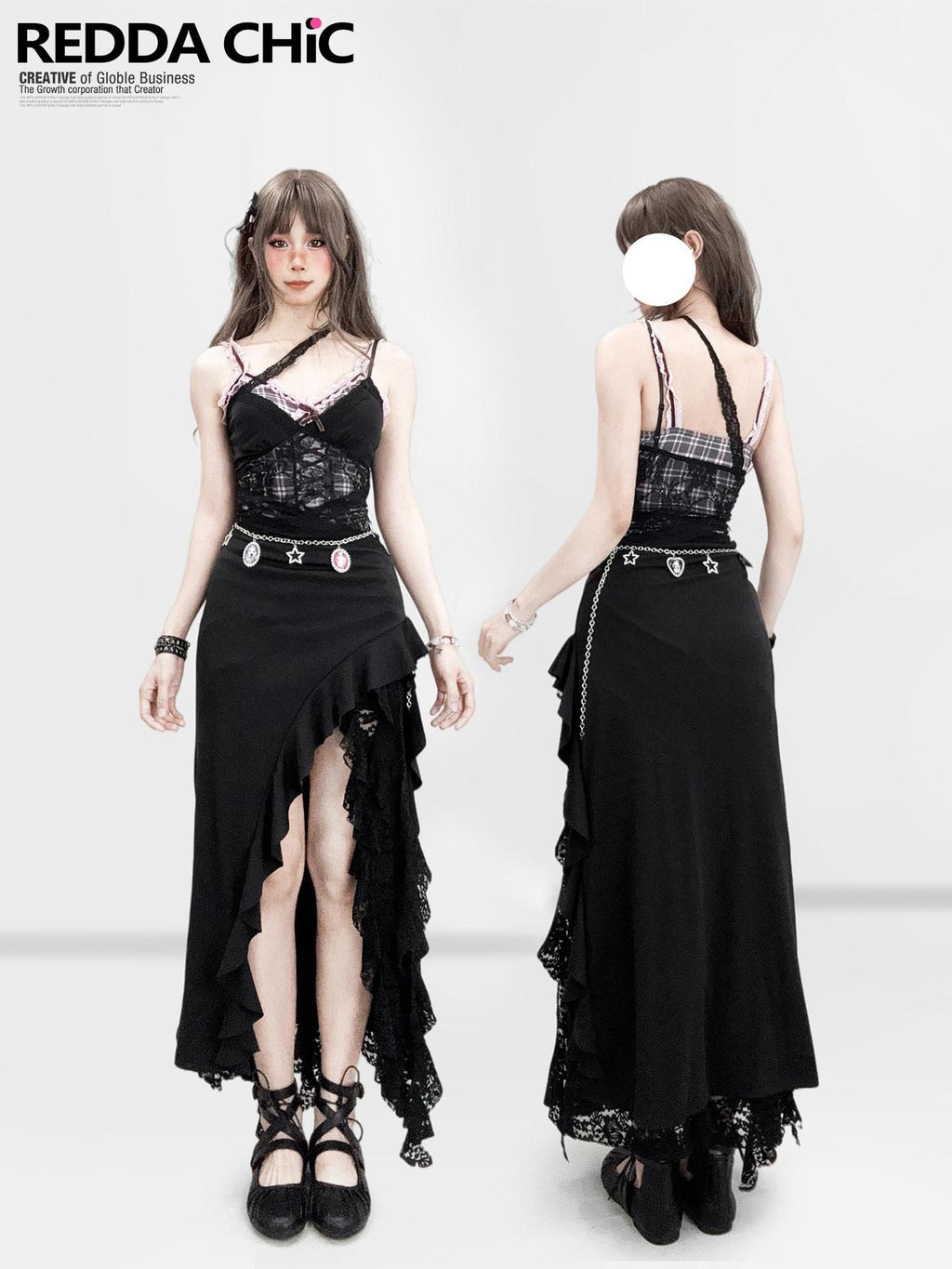ReddaChic Sexy High Waist Lace Paneling Asymmetric Hem Slim Fit Party Wear Mini Skirts