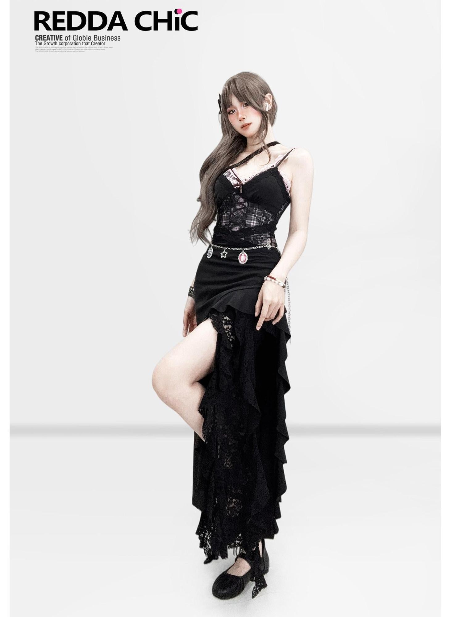 ReddaChic Sexy High Waist Lace Paneling Asymmetric Hem Slim Fit Party Wear Mini Skirts