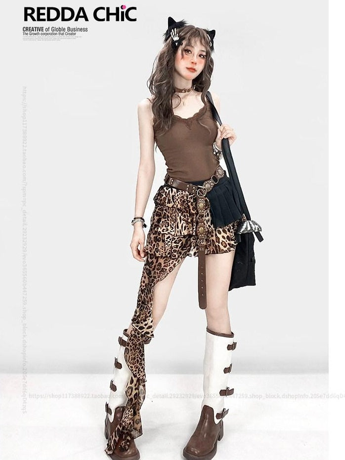 ReddaChic Sexy High Waist Leopard Irregular Hem A Line Mini Casual Maxi Dresses