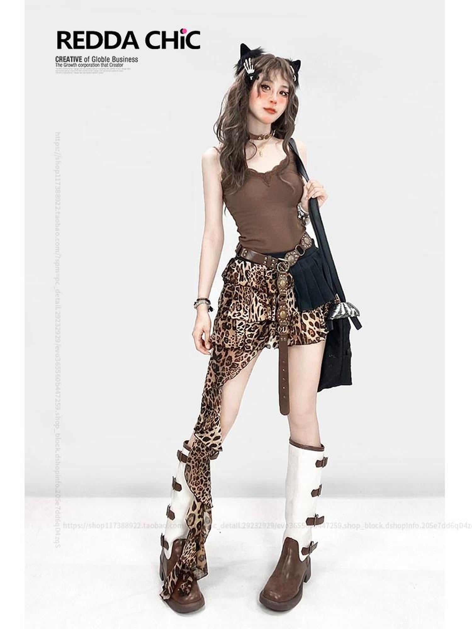 ReddaChic Sexy High Waist Leopard Irregular Hem A Line Mini Casual Maxi Dresses