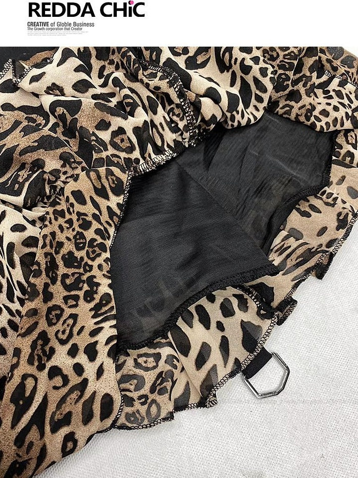 ReddaChic Sexy High Waist Leopard Irregular Hem A Line Mini Casual Maxi Dresses