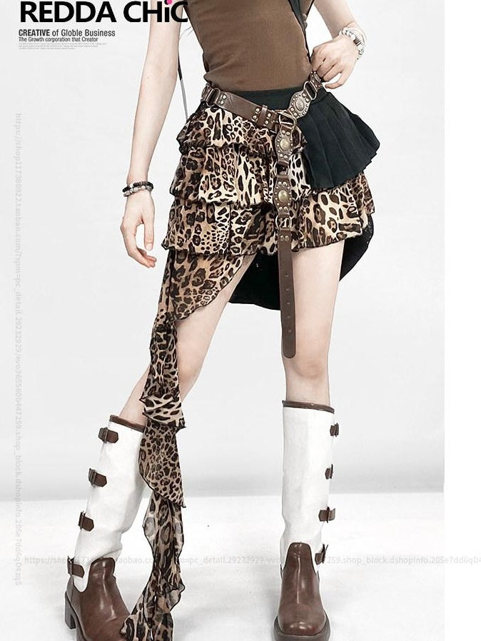 ReddaChic Sexy High Waist Leopard Irregular Hem A Line Mini Casual Maxi Dresses