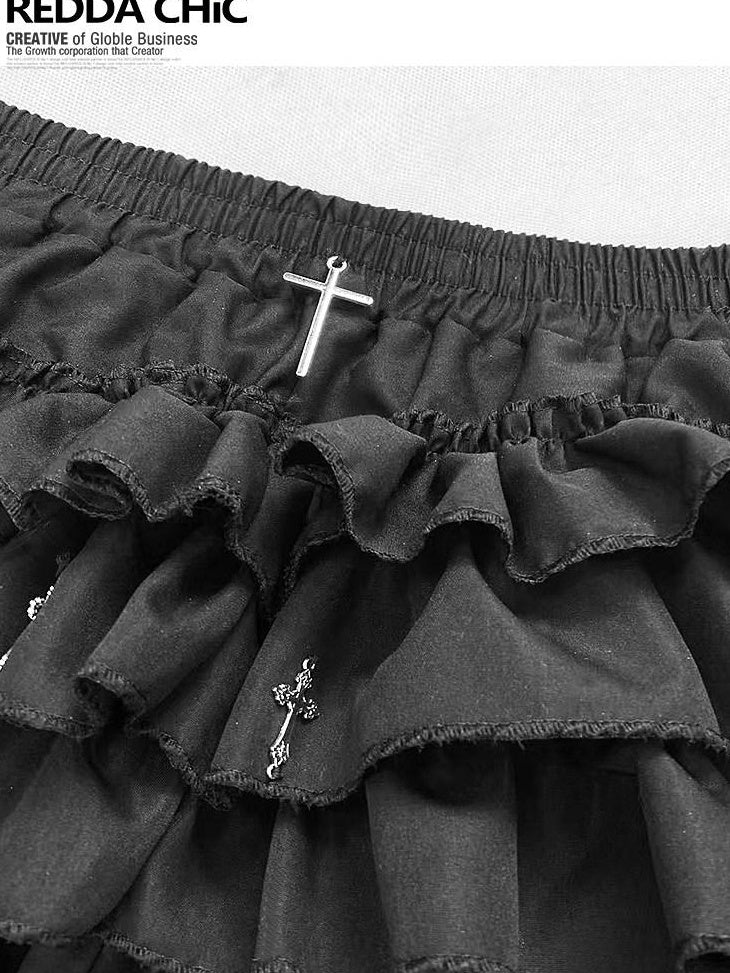 ReddaChic Sexy High Waist Ruffled Tiered Solid Black One Size Party Slip Mini Dresses