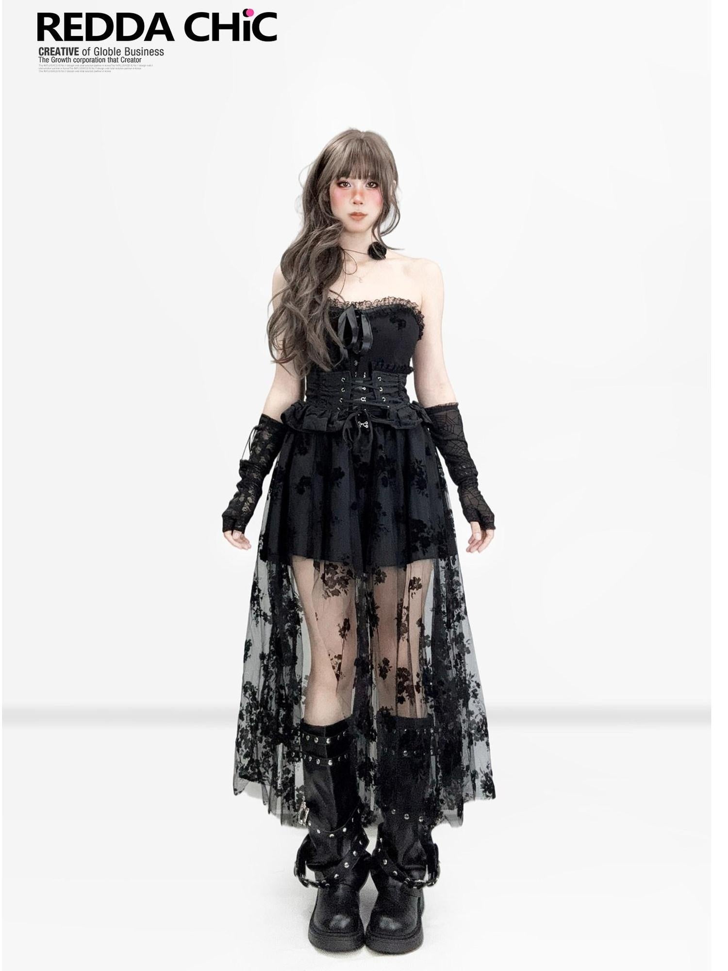 ReddaChic Sexy Lace Mesh Patchwork A Line Women Birthday Waist Cinch Mini Skirts