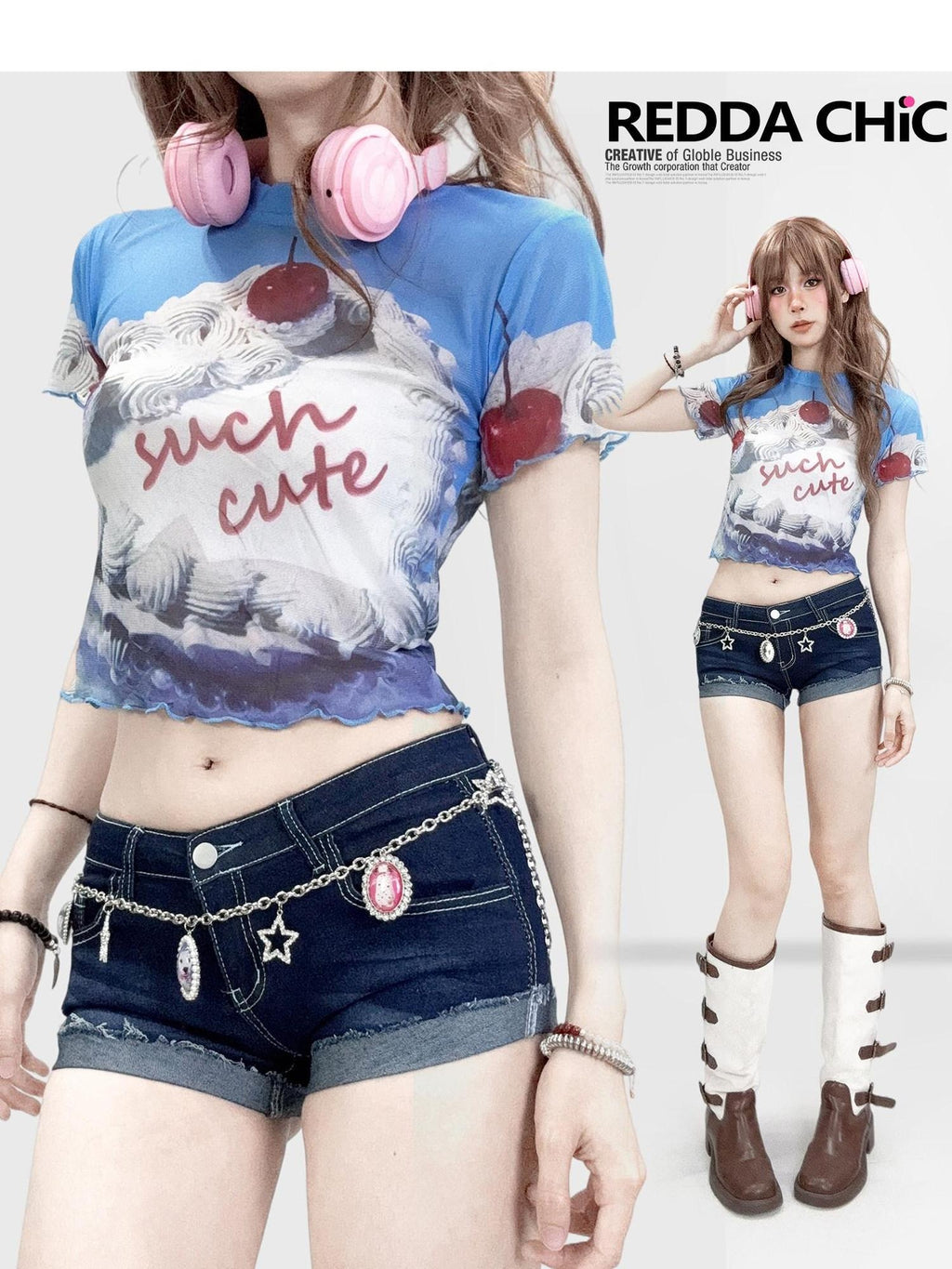 ReddaChic Sexy Mesh Slim Fit Cropped Crewneck Printed Letter Blue Long Sleeve T-Shirts
