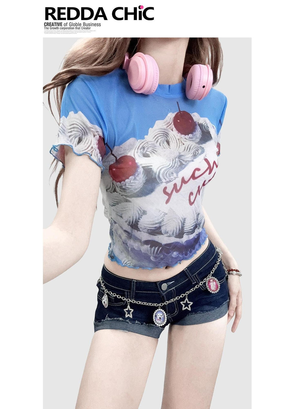 ReddaChic Sexy Mesh Slim Fit Cropped Crewneck Printed Letter Blue Long Sleeve T-Shirts