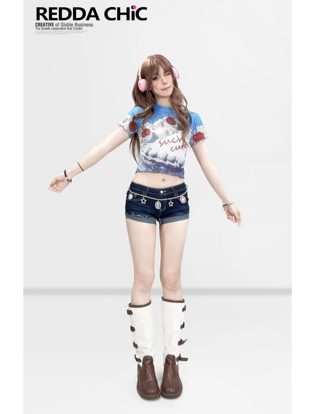 ReddaChic Sexy Mesh Slim Fit Cropped Crewneck Printed Letter Blue Long Sleeve T-Shirts