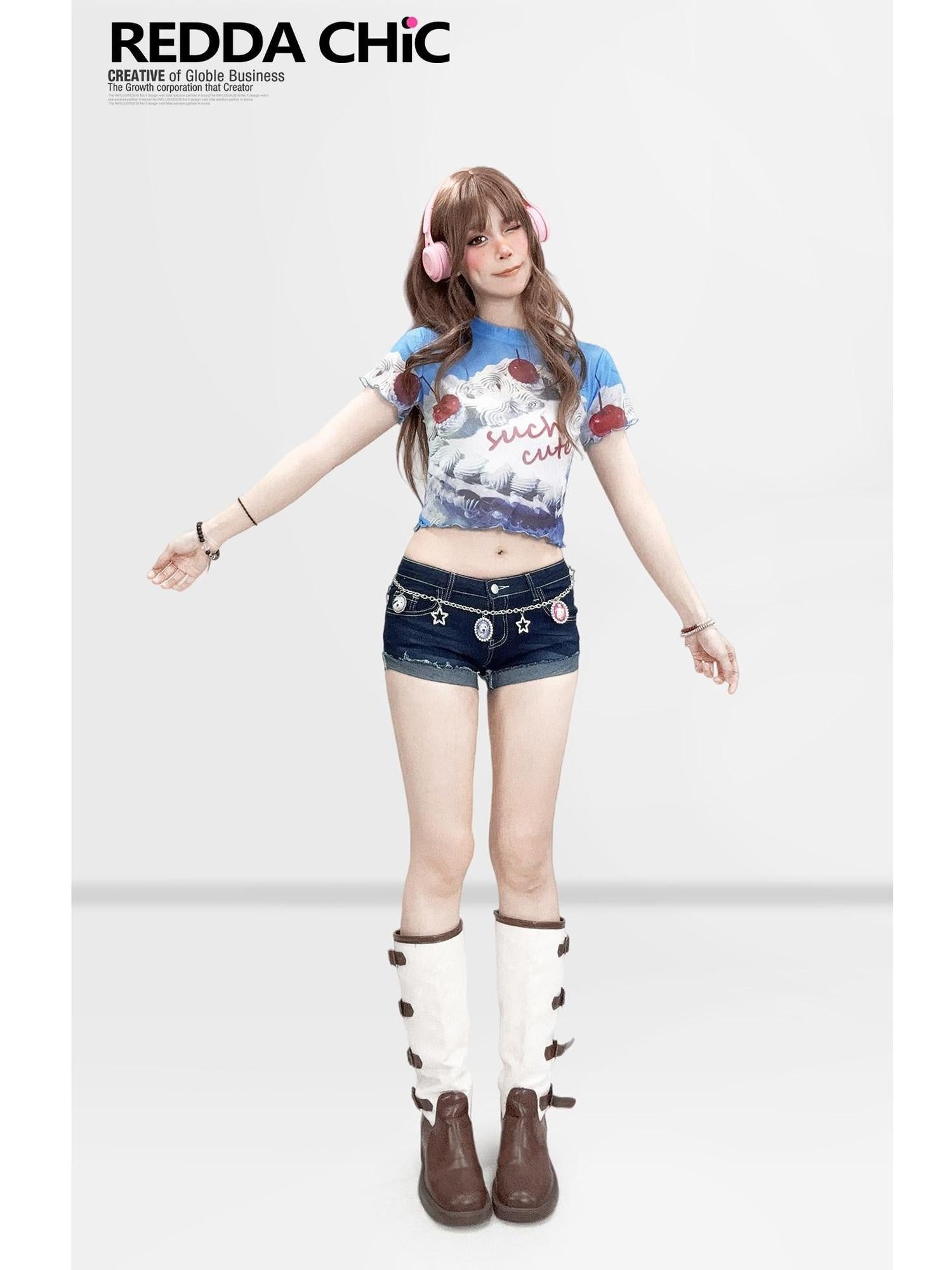ReddaChic Sexy Mesh Slim Fit Cropped Crewneck Printed Letter Blue Long Sleeve T-Shirts