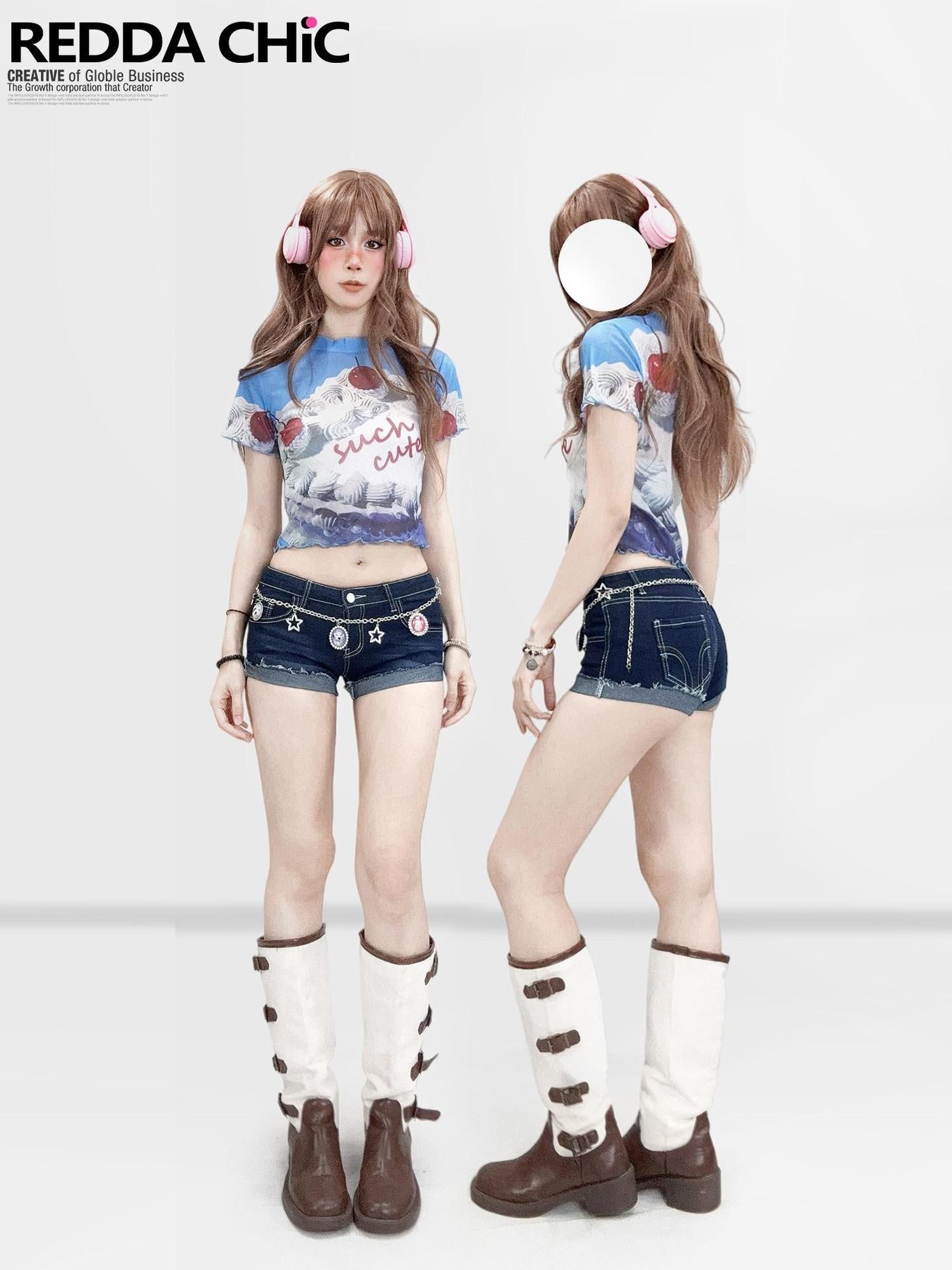 ReddaChic Sexy Mesh Slim Fit Cropped Crewneck Printed Letter Blue Long Sleeve T-Shirts