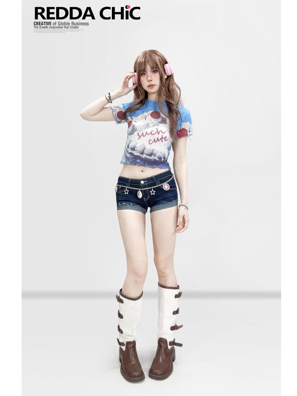 ReddaChic Sexy Mesh Slim Fit Cropped Crewneck Printed Letter Blue Long Sleeve T-Shirts