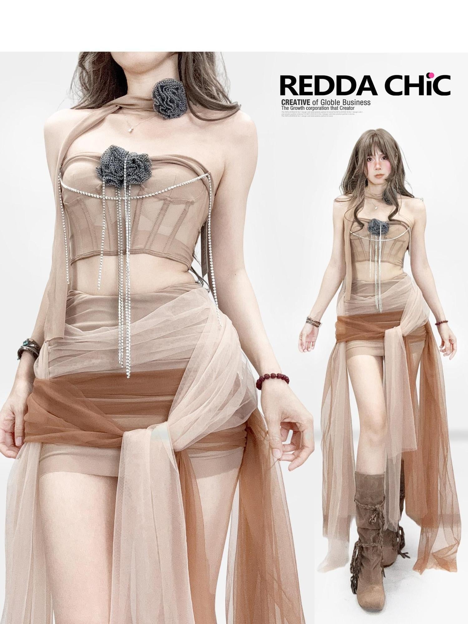 ReddaChic Sexy Mesh Strapless Fitted Tube Women Birthday Party Two Piece Camisoles