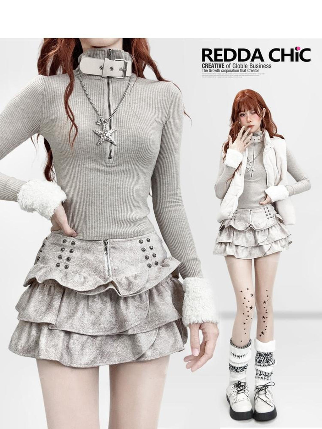 ReddaChic Sexy Oatmeal Slim Fit Knit Patchwork Women Fashion Mini Skirts