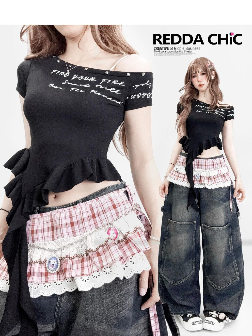 ReddaChic Sexy Ruffle Slim Fit Modal Short Sleeve Slanted Neck Black Letter Sweaters