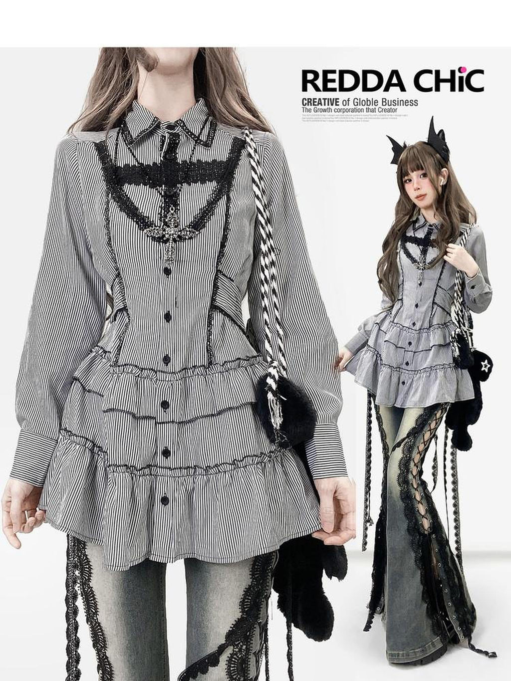 ReddaChic Shape Retaining Gothic Slim Lace Patchwork Striped Black Women Flare Jeans