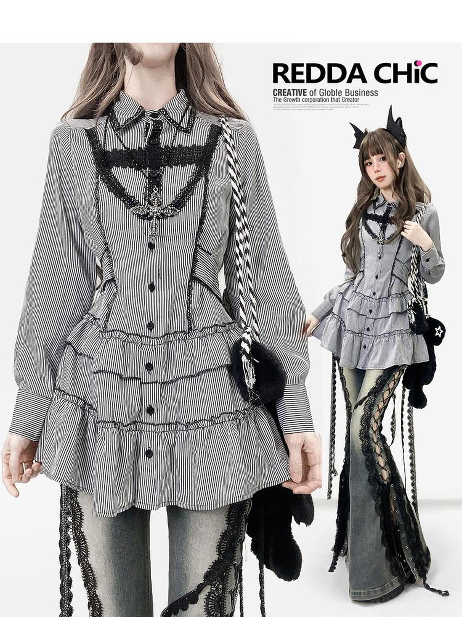ReddaChic Shape Retaining Gothic Slim Lace Patchwork Striped Black Women Flare Jeans